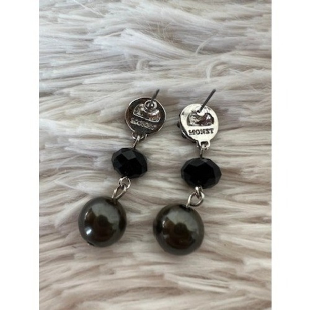 Monet Drop Earrings Black Silver Rhinestone Dangle Crystal Pearl Art Deco Glam - Picture 7 of 13